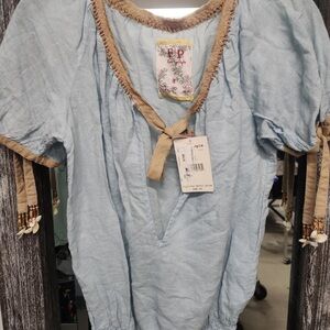 Free People Vtg Banded Bottom Short Sleeve Top Embellished Shells Blue Small NWT